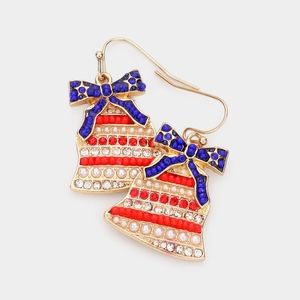 Gold Red Blue Bell American Flag USA Pearl Rhinestone Crystal Dangle Earrings